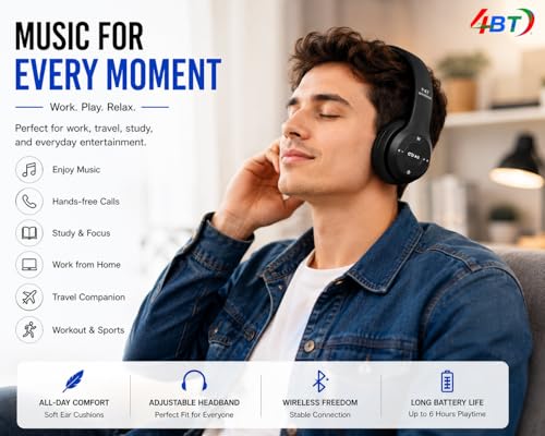 Image of 4BT Wireless Headphones, Bluetooth 5.0 + EDR Over-Ear Design with Playback Controls, Stereo Sound & Comfortable Fit