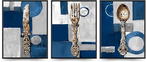 Linilioart Kitchenware - Juego de 3 lienzos de pintura azul y gris, tenedor, cuchillo, cuchara, pósteres, impresiones rústicas, arte de pared para comedor, sin marco (21 x 30 cm)