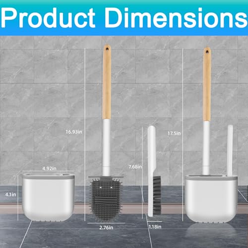 Image of Toilet Brush and Holder-Flexible Toilet Bowl Brush Head with Silicone Bristles, Wall Mounted Nail-Free Installation, Multifunctional Gap Brush, Ventilation Slots Base (2 Pack, Wood)