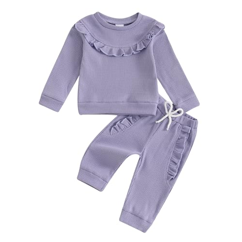 Image of FYBITBO Baby Girl Fall Winter Clothes Sets Ruffle Solid Waffle Knit Long Sleeve Shirt Pants Infant Toddler Outfits for Girls