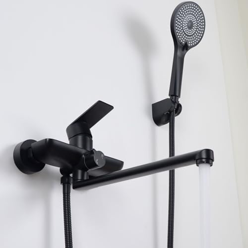 SHANFO Badewannenarmatur mit Handbrause, Wannenarmatur Langer Auslauf 30CM, Badewannen Armaturen Set, Schwarz, 8Y3OK