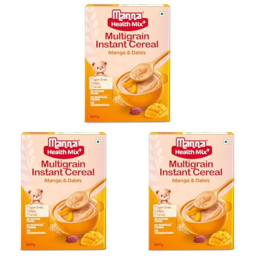 Image of Manna Health Mix Instant Multigrain Cereal, Mango, Banana and Dates with Milk. Made with Real Fruits and 7 Supergrains and Millets. No Added Sugar, No Artificial Colour, Flavours 200g (Pack of 3)