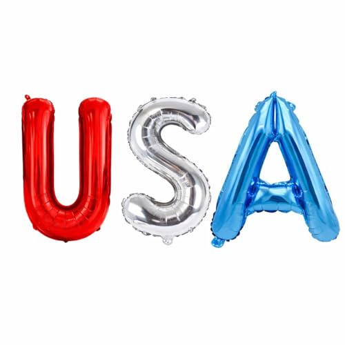 Dream Decor USA Balloon Letters 40 Inch Patriotic Foil Letter Balloons (U Red S Silver A Blue) with Ribbon & Inflation Straw 4th of July Memorial Day Veterans Day Patriotic Party Decorations