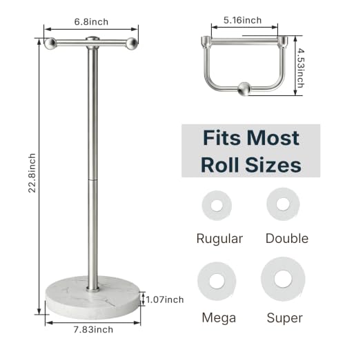Image of RARXTR Toilet Paper Holder Stand, Bathroom Free Standing Toilet Paper Stand with Modern Marble Base, Post Pivoting Toilet Paper Stand with Stainless Steel Tissue Rack, Rust-Proof (Brushed Nickel)