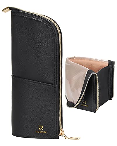 Makeup Brush Case Travel Makeup Brush Holder Portable Makeup Brush Bag Professional Cosmetic Bag Artist Storage Bag Essentials Stand-Up Foldable Makeup Cup (Black Leather, A-Large) #TOP13