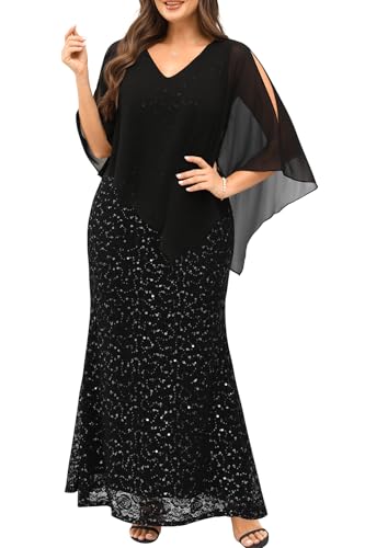 Plus Size Formal Dress Black Evening Gown Sequin Mermaid Prom Gala Party Lace Long Wedding Guest Chiffon Cape Dress 2025