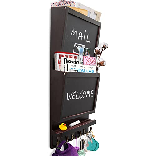 Rustic 2-Slot Mail Sorter Organizer for Wall with 3 Double Key Hooks