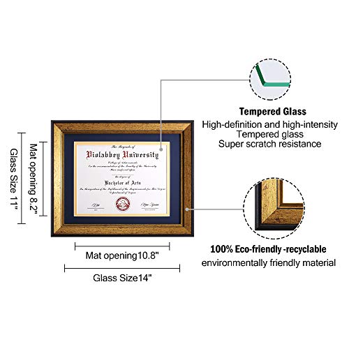 Violabbey 11X14 Diploma Frames Gold, Fits 8.5X11 Inch Certificate Or College Degree With Mat Or 11X14 Inch Without Mat, Hd Semi-Tempered Glass, Wall Or Tabletop Display (Navy Gold Double Mat) #TOP2
