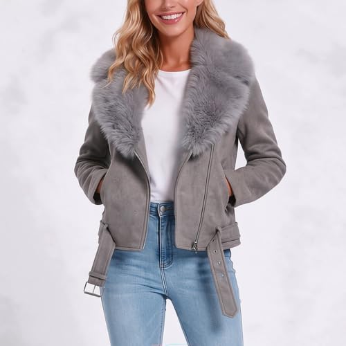 GOSEAGOTOFUN Womens Fleece Jacket Removable Faux Collar Coat Long Sleeve Zip Up Casual Jacket Fall Fashion Warm Cropped Coat Grey Small - image 3