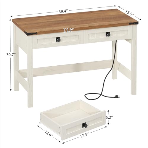 Farmhouse Computer Desk with 2 Drawers, 39 Inch Small Office Computer Desk with Power Outlets, Compact Writing Study Desk for Small Spaces, Antique White - Image 3