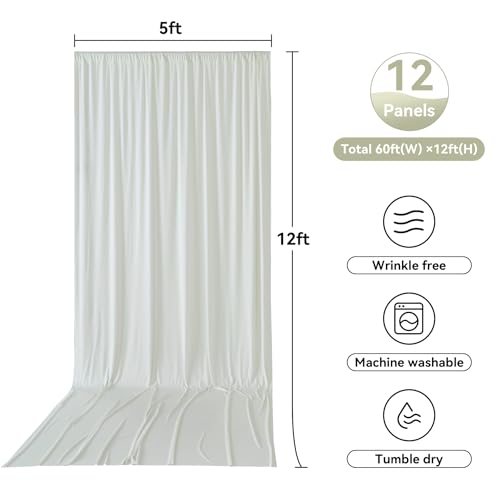 Image of 12 Panels 5x12ft Ivory Backdrop Curtains for Parties, Wrinkle Free Polyester Ivory Photo Backdrop Drapes 12 ft Long Back Drop Cloth for Wedding Birthday Photography Background Party