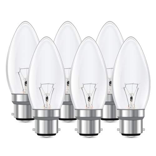 Caldarax B22 Bayonet Clear Candle Light Bulb, C35 Candle Bulb, Dimmable Warm White 2700K, 400 Lumen, AC 230V, Bayonet Light Bulb, BC Candle Bulb, for Chandeliers, Desk Lamp, Ceiling Fixture, 6 Pack