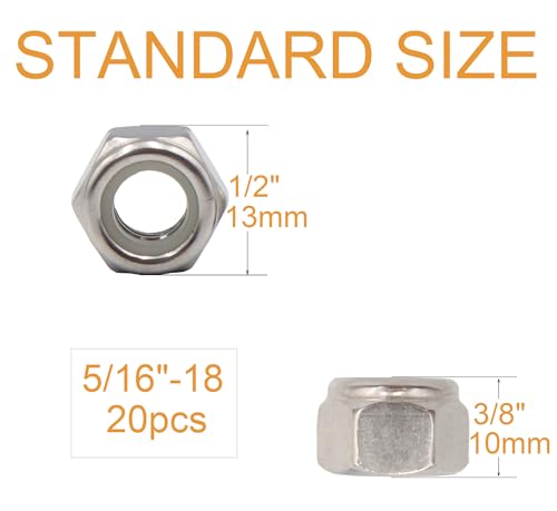 Image of 20PCS 5 /16-18 Nylon Inserted Self Locking Nuts - Stainless Steel Silver Tone, 5 /16 inch Nylock Nuts for Furniture, Tools, Handle