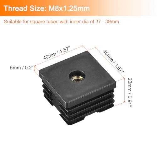 Image of uxcell 6Pcs Inserts for Square Tubes with M8-1.25mm Thread, for 1.57 inchx1.57 inch OD Square Tube, Black Plastic Plug Caster Insert Chair End Caps Furniture