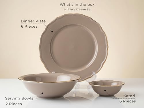 Image of Bodhi House 14-Piece Gold Rim Porcelain Dinner Set | Plates & Bowls Set | Lightweight, Chip Resistant, | Dishwasher Safe | Ideal for Home Dining & Gifting Tableware Set | Thunder Grey