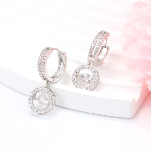 Sterling Silver Huggie Hoop Earrings with Charms Dancing Diamond Drop Earrings for Women Sparkling Round Halo CZ Dangle Hoop Earrings Clear Crystal Fashion Jewelry Gift for Daughter Mom Birthday Party4