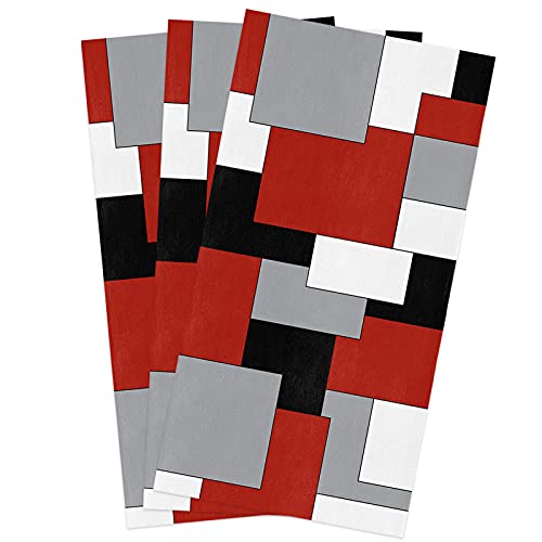 Image of Geo Kitchen Towels,White Grey Black Red Abstract Irregular Geometric 16x28 Inches Soft Kitchen Dish Cloth,Cotton Tea Towels /Bar Towels /Hand Towels,(3 Pack)
