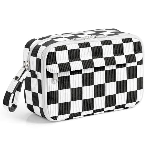 Image of WOBAGMEN Cute Pencil Case,Large Corduroy Zippered Pencil Case Pouch, aesthetic Pencil Bag with Compartments(Black Gingham)