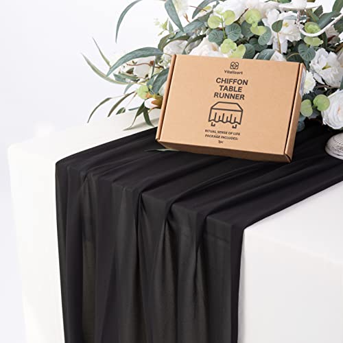 Vitalizart Black Chiffon Table Runner 28 x 120 Inches Sheer Table Cloth 10ft for Wedding Bridal Shower Party Decorations