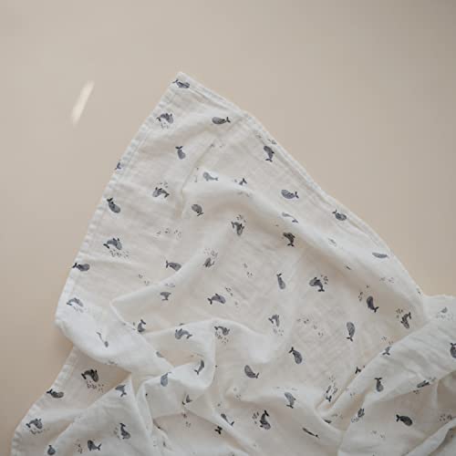 Image of mushie Muslin Baby Swaddle Blanket | 100% Organic Cotton (Whales)