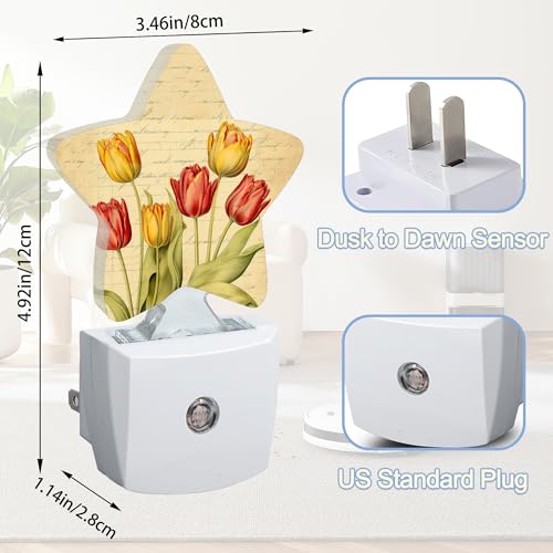 Image of Vintage Tulips Nightlight,Spring Flowers Star Night Lights Plug into Wall Decorations for Bedroom Bathroom,Dusk to Dawn Sensor Kitchen Hallway Stairs Energy Efficient Desk Lamp