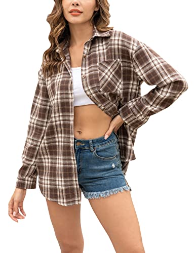 Megfie Oversized Womens Flannel Plaid Soft Flannel Button Down Shirt Roll Up Long Sleeve Flannel Plaid Shirt Blouses Women(0070-Coffee-L)