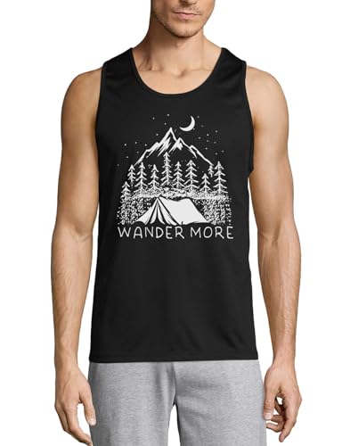 Camiseta sin mangas de algodón premium negro con motivo Wander More Camping