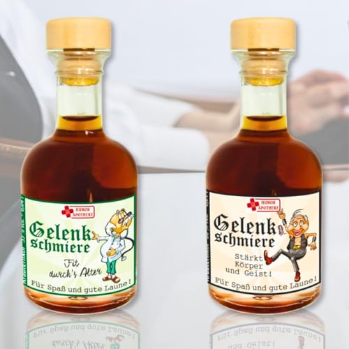 2er Set Kräuterlikör Mini Apotheker Flasche - Gelenkschmiere Fit im Ruhestand - Arzt undd Rocker 2 x 4cl 33% vol. alk. Geschenk zum Ruhestand für Rentner Opa Humorapotheke Spaßmedizin