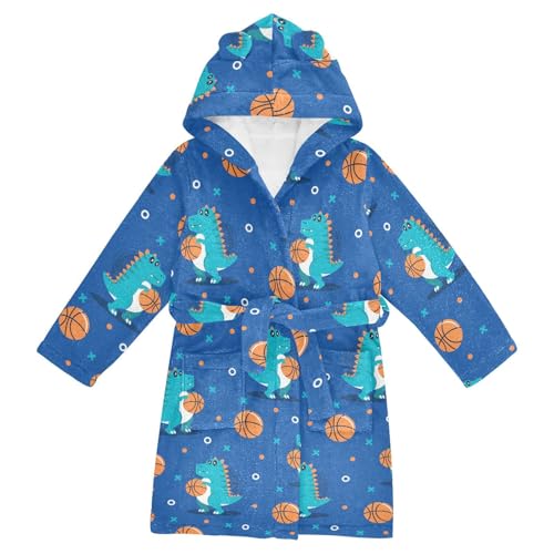 WIFIU Toddler Baby Hooded Bathrobe for Boys Girls Cartoon Dinosaur Play Basketball Printed, Soft Plush Bath Towel Robe with 2 Pockets for 7-9 Years