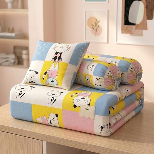 Image of Filymore Cat Print 8 Pieces Diwan Set for Kids Room, Soft Microfiber Single Bedsheet with 5 Cushion Covers & 2 Bolster Covers, Cute Cartoon Kids Bedding Set for Boys & Girls (Pink)