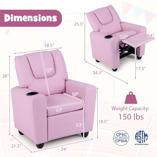 Image of GLACER Kids Recliner with Cup Holder, PU Leather Toddler Lounge Chair(Pink) | Baby Recliner w /Adjustable Backrest & Footrest, Spring Seat Cushion, Push Back Toddler Sofa for Ages 3+, Supports 150 lbs