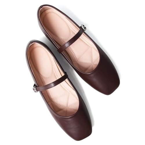 Stunner Ballet Flats for Women Women's Mary Jane Shoes Square Toe Casual Flats Comfortable Ankle Strap Flat Shoes Coffee 39(7) 2