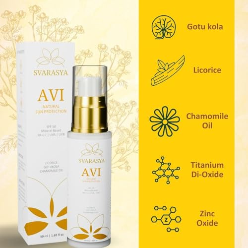 Image of SVARASYA AVI Mineral Sunscreen SPF 50 Pa+++ | 50ml Sunscreen with Zinc Oxide & Titanium Dioxide | UVA, UVB Sun Protection | Lightweight Sun Cream for Men & Women | For Dry & Oily Skin | All Skin types