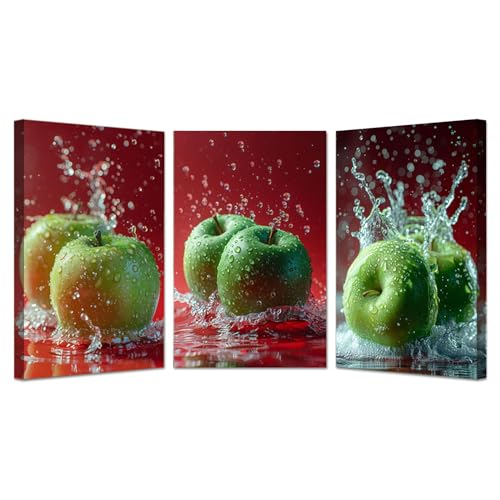 Tableau sur toile cuisine eau de fruit vert rouge 3 parties JOSUE 50x70cm encadré