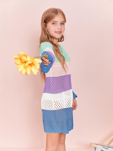 Image of Batermoon Girls Crochet Long Sleeve Swimsuit Cover Up Kids Fashion Hollow Out Swimwear Beach Dress 5-14 Years