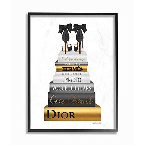 Stupell Industries Fashioner Shoes Bookstack Gold Watercolor, Design by Artist Amanda Greenwood Wall Art, 16 x 20, Black Framed