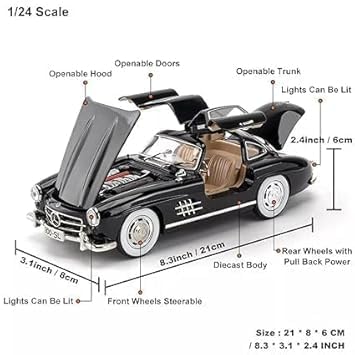 Image of BlackZone 1955 Mercedes-Benz 300sl Vintage Model, 1 /24 Toy Car with Sound and Light Function, Children's Toy Model Car with Pullback Function, Collector's Quality (1:24 Blue)