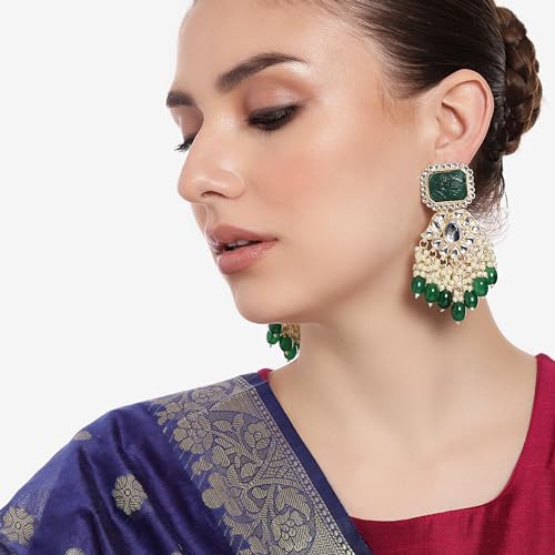Gehena by Estele Gold Plated Fashionable Kundan Drop Earrings with Beads for Girls/Women - Image 3
