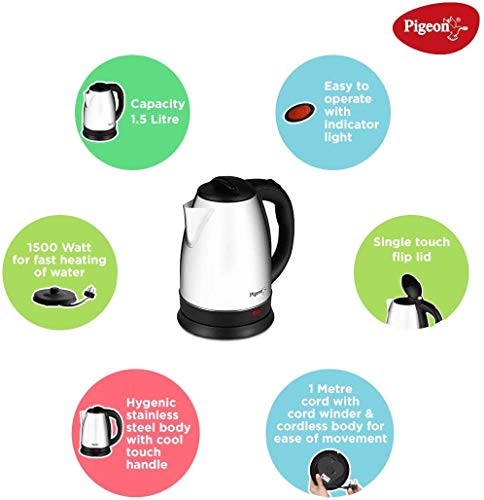 Image of Pigeon by Stovektraft Hot Stainless Steel Electric Kettle, 1.8 Litre, with 1300 Watt, boiler for Water, milk, tea, coffee, instant noodles, soup etc (Silver)