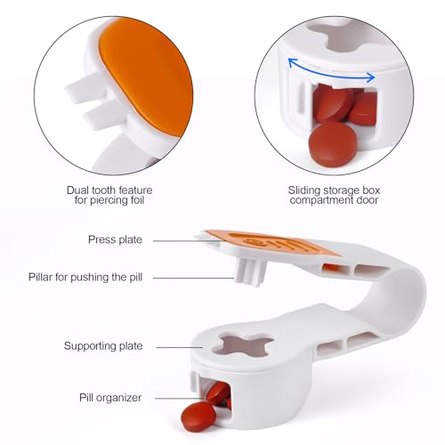 Image of 2nd Generation Pill Extractor Tool with Storage Compartment, Medicine Blister Pack Remover, Dual Tooth Design for Foil Piercing, Built-in Organizer Box,(Orange and Green) 2 pcs