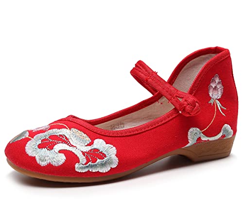 Hee grand Women Chinese Style Embroidered Flats Comfortable Slip on Shoes Mary Jane Shoes,Red 8.5