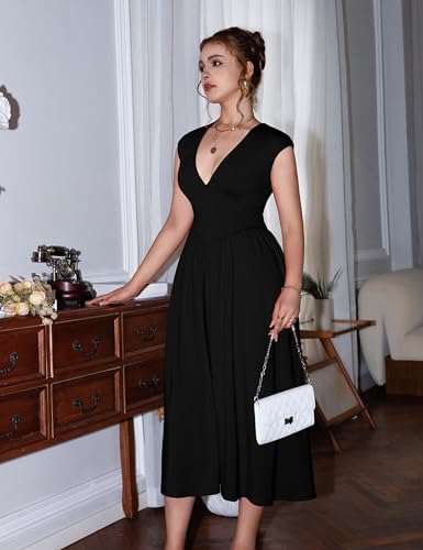 YMDUCH Women's Casual Deep V Neck Cap Sleeve Back Tie A-Line Swing Midi Dress with Pockets2