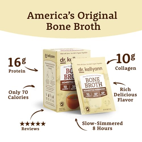Image of Dr. Kellyann Homestyle Mushroom Bone Broth Packets (7 Servings) - 16g Protein, Grass-Fed Hydrolyzed Collagen, Keto & Paleo-Friendly