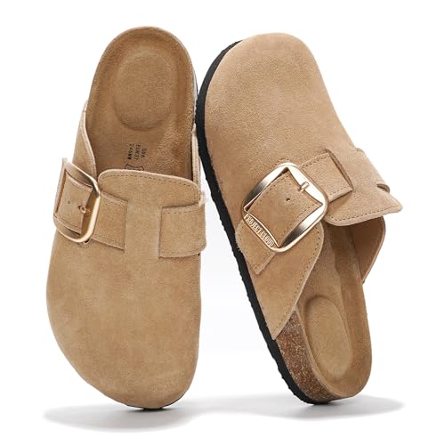 Project Cloud 100% Genuine Leather Clogs for Women Shoes - Memory Foam Insole, Non-Slip & Natural Cork Footbed Arch Support Big Buckle Womens Clogs and Mules Footwear (Manchester, BEIG, 9)