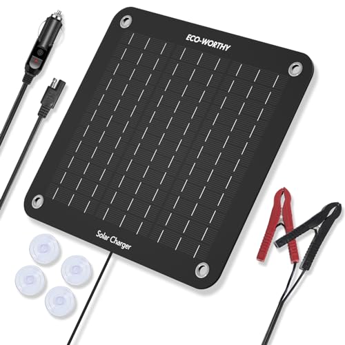 ECO-WORTHY Cargador solar de batería de coche de 10 W, 12 V, impermeable, cargador solar portátil para coche, barco, cortacésped, RV, remolque, tractor, ATV, batería de vehículo utilitario