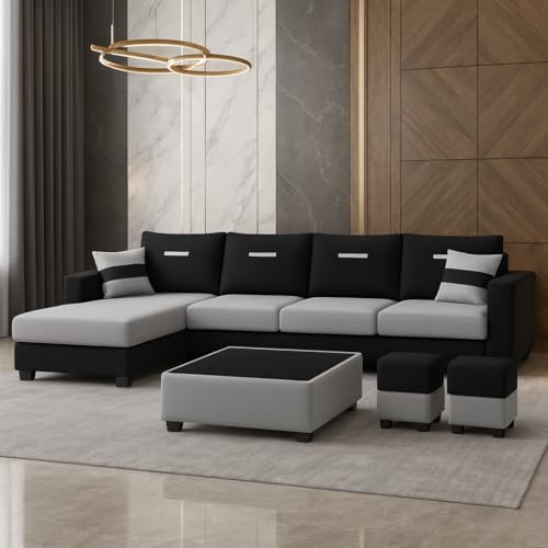 Image of CASASTYLE Dreamon 8 Seater Fabric LHS L Shape Sofa Set with 1 Centre Table & 2 Puffy (Light Grey-Black) | Velvet Finish | Comfortable Sectional Sofa for Living Room
