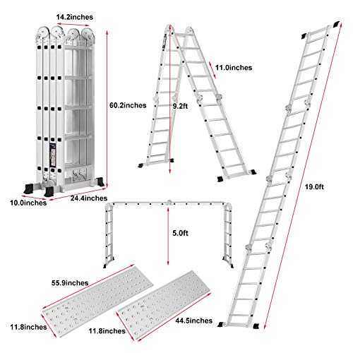 TimmyHouse Multi Purpose 19.5ft Aluminum Telescopic Ladder Heavy Duty Folding Extension