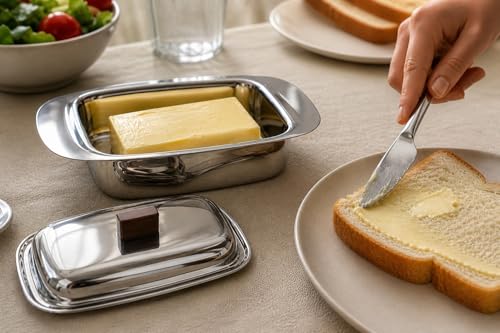 Image of Kanshita's Rasoiware Stainless Steel Butter Box with Lid & Knife (100g, 16 x 11 x 5.5 cm) | Butter Storage Container for Fridge & Dining Table | Rust-Resistant Mirror Finish Butter Dish