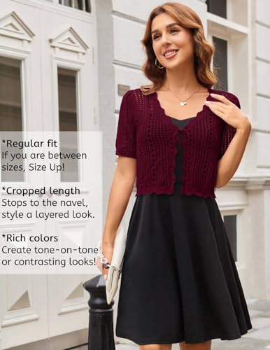 Image of Kate Kasin Women Crochet Shrug Knit Sweater, Short Sleeve Cropped Cardigan | Tie Front Tops Light Weight, Knit Cover Up Arm Bolero For Evening Dresses Dressy Casual, Ladies Eyelet Shawl Thin Formal