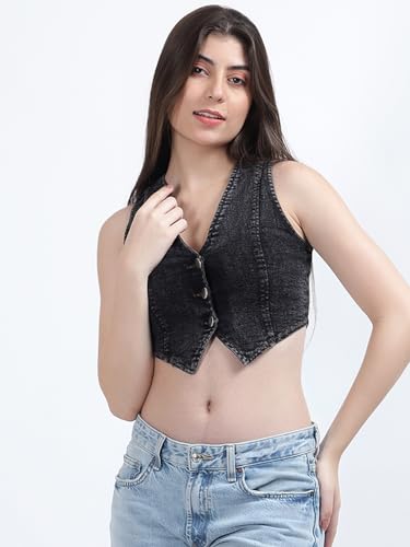 Image of DRAPE AND DAZZLE Stylish Denim Jacket |Casual Wear Jacket | Trending Crop Waistcoat Jacket for Women DD-097